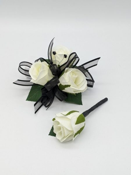 white roses with organza ribbon