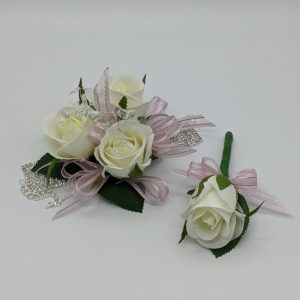 white roses with blush pink and silver